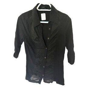 Vanity Black Button-Up Gathered Front Cotton Half Sleeve Top Sz L
